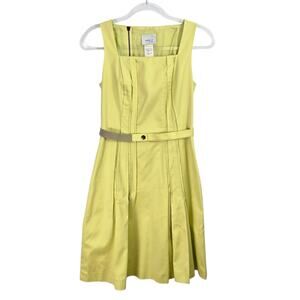 Akris Punto Yellow Fit Flare Dress Pleated Belted Knee Length Sleeveless 6